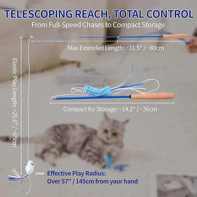 Cat Teaser Wand Toy - Interactive Play Set for Kittens & Cats with Magic Foldable Fabric StripMagic Foldable Fabric Strip, XL Mouse, 2 Large Fish & Telescoping Carbon Fiber Rod for Indoor Exercise