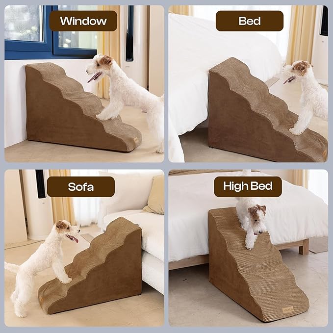 Replacement Cover for Miorun 5-Step Dog Stairs (Cover Only), Machine Washable, Anti-Slip, Fits Curved Dog Ramp for High Bed Up to 26", Coffee