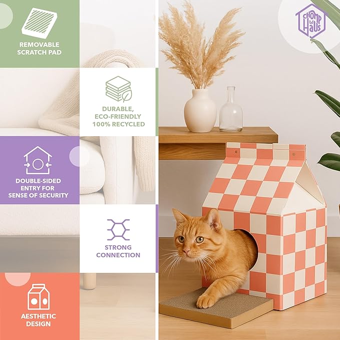 Cardboard Cat House with Scratch Pad – Durable, Eco-Friendly Hideaway, Easy Assembly, Stylish Cotton Candy Checkered Design, Indoor Pet Furniture, for Cat Lovers