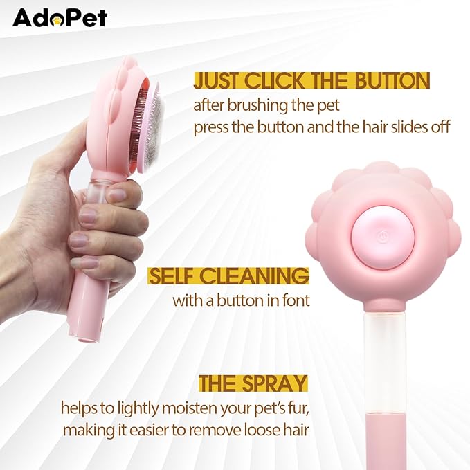 Pet Grooming Brush – Cat Paw Design Self-Cleaning Slicker with Water Spray, Rounded Bristles for Dogs & Cats, Removes Loose Hair & Tangles