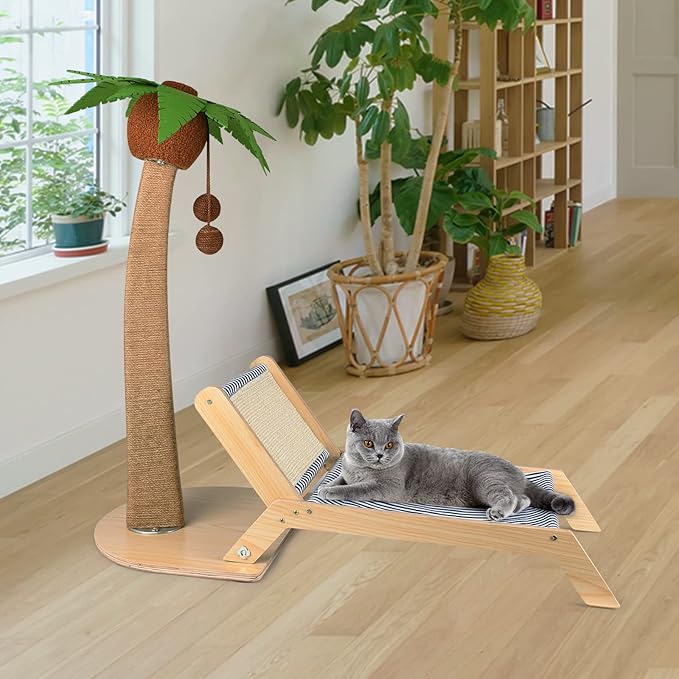 Palm Tree Cat Scratching Post with Beach Chair 2 in 1, 29.5" Sisal Rope Cat Scratching Post with Perch for Indoor Cats Adults, Small Cat Kitten Scratch with Interactive Hanging Ball