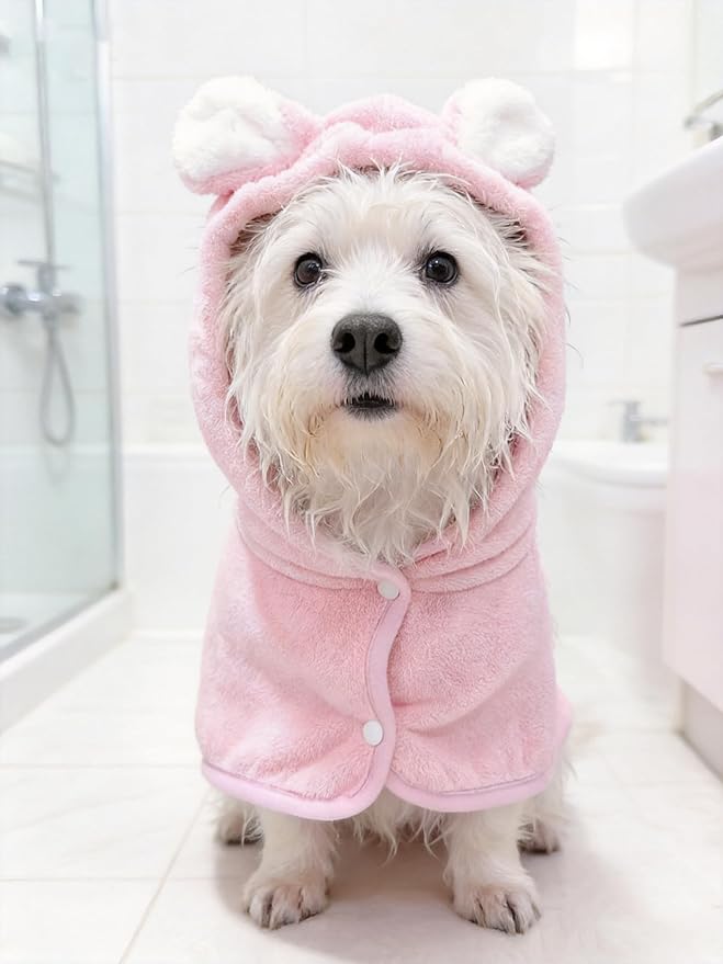 Pet Bathrobe for Dog Cat Super Absorbent Quick Drying Hooded Bath Towel Adjustable Robe for Pool Beach Cold Weather,Pink M