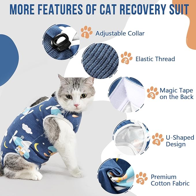 SlowTon Cat Recovery Suit - Cat Onesie for Cats After Surgery Female Male, Kitten Clothes Cats Surgical Spay Suit Abdominal Wounds, E-Collar Alternative Bodysuit Shirt Anti-Licking (Navy, M)