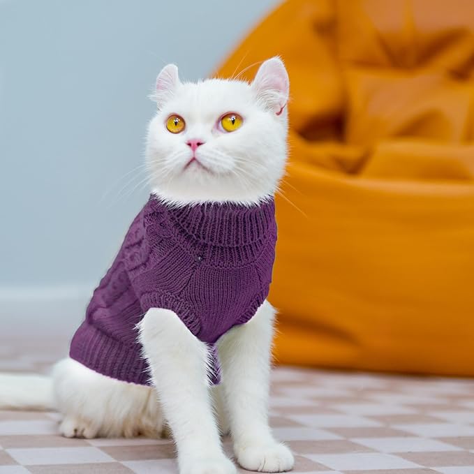 PUPTECK Winter Cat Sweater Coat - Soft Warm Cold Weather Clothes Knitwear for Kittens & Small Dogs Indoor Outdoor Wearing, Knitted Classic for Doggies Kitties Girls Boys, Purple, L