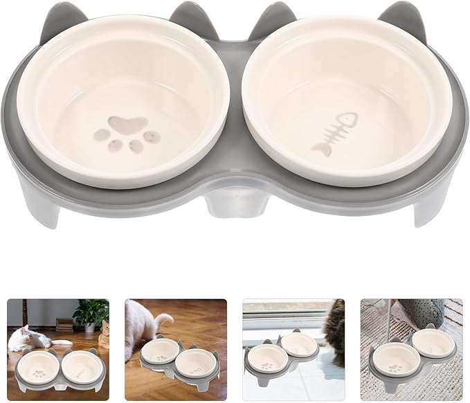 Ceramic Cat Bowl Elevated Double Dish Set with Thick Gray Ceramic and Sturdy Gray Stand, Angled Whisker-Friendly Feeding and Watering Station for Indoor Cats and Kittens