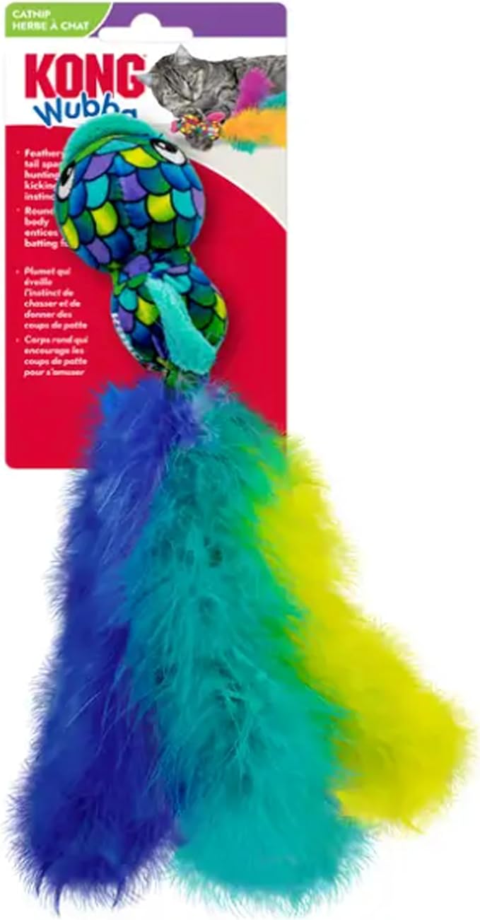 KONG Wubba Cat Toy – Catnip-Infused, Crinkle and Rattle Sound & Feathery Tails for Batting, Pouncing & Interactive Play (Fish)