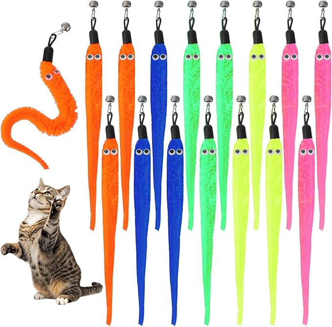 Larrel 15PCS Cat Worm Toy Replacement, Cat Wand Toy Accessories, Soft Worm Cats Toys Teaser with Bell, Fuzzy Worms Toys Attachments Replacements with Eyes for Indoor Cats and Kitten (5 Colors)