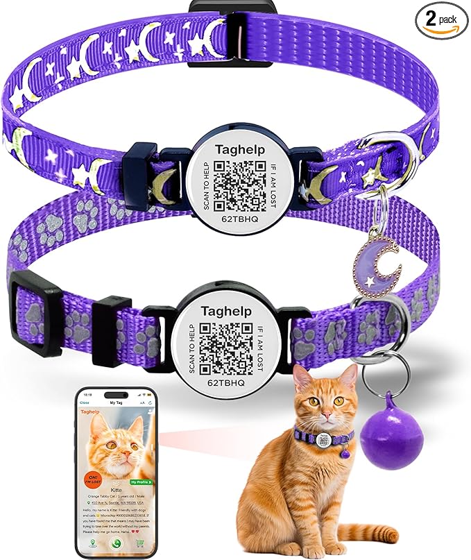 Smart Safety Cat Collar 2-Pack: Luminous Night Glow & QR Code Pet ID Tag, Breakaway Reflective Adjustable Collar (7.5-12.5”) for Indoor/Outdoor Cats, Purple