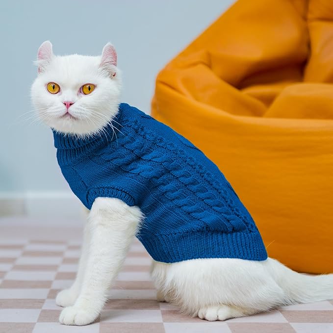 PUPTECK Winter Cat Sweater Coat - Soft Warm Cold Weather Clothes Knitwear for Kittens & Small Dogs Indoor Outdoor Wearing, Knitted Classic for Doggies Kitties Girls Boys, Dark Blue, S