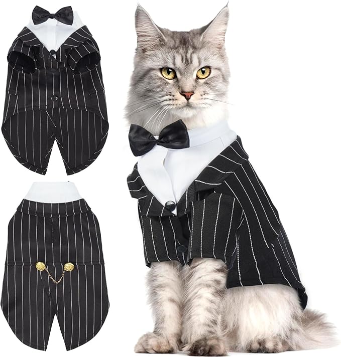 QBLEEV Cat Tuxedo Outfit, Formal Cat Suit Costume with Bow Tie, Sphynx Hairless Clothes for Cats Only, Kitten Wedding Birthday Party Attire Apparel for Male Boy, Cute Small Pet Gentleman Formal Wear