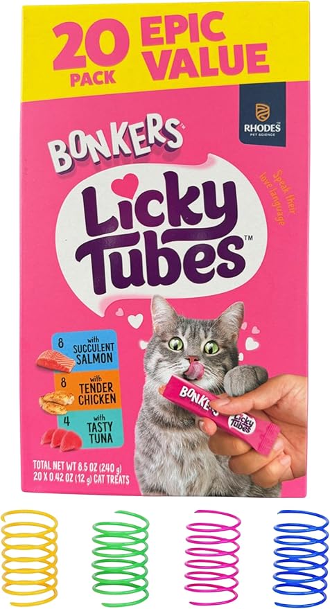 Bonkers Licky Tubes Chicken,Tuna and Salmon Flavored Lickable Cat Treats, 20 Count (8 Chicken, 4 Tuna, 8 Salmon) with Cat Spring Toys Bundle Pack