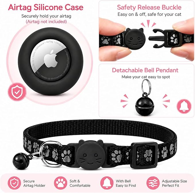 Cat Collar Breakaway 2Packs, Reflective Kitten Collar with Apple Air Tag Holder and Bell for Girl Boy Cats, 0.4 Inches in Width and Lightweight (Pink)