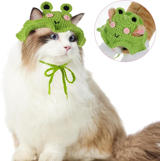 Piriuuo Frog Cat Hat, Cotton & Soft Cute Knitted Hats for Cats Frog Crochet Cat Hats for Cats Only Cute Puppy Hat for Small Pets on Christmas Birthday Party Halloween (Green, S)