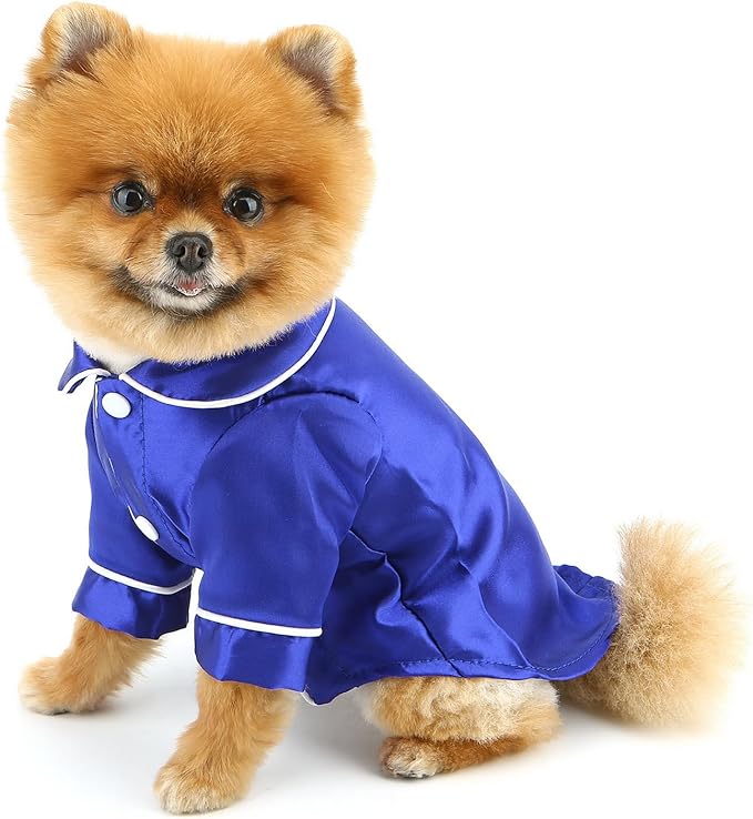 PAIDEFUL Soft Faux Silk Sleepwear for Small Dogs Cats Lapel Doggie Loungewear Lightweight Breathable Puppy Pajamas PJS Two-Legged Pet Shirt Clothes Summer Chihuahua Apparel Button Up,RoyalBlue,M