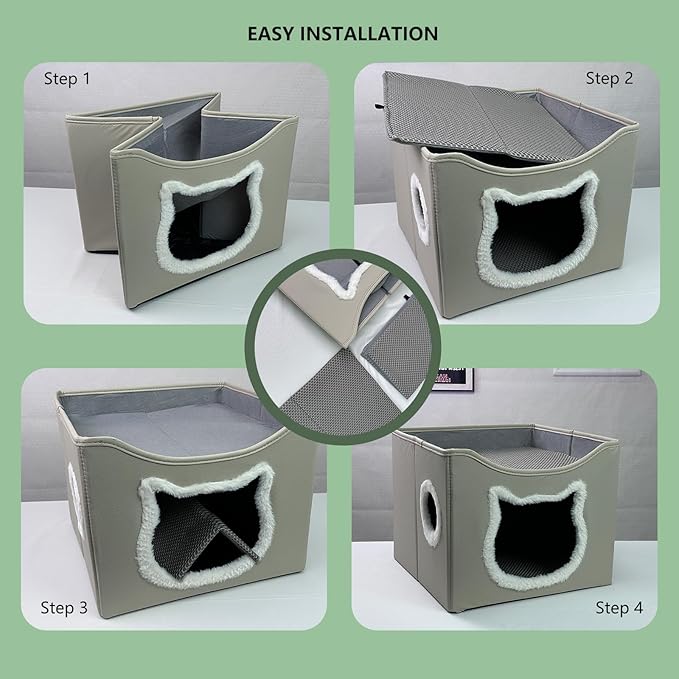 Cat Beds for Indoor Cats, Large Cat Houses with Cozy Condo,with Premium Tech Fabric& Scratch Pad, Round Window, Foldable Indoor Cat House Hold Up to 30LBS, with Reversible Cushion for Multi Small Pet
