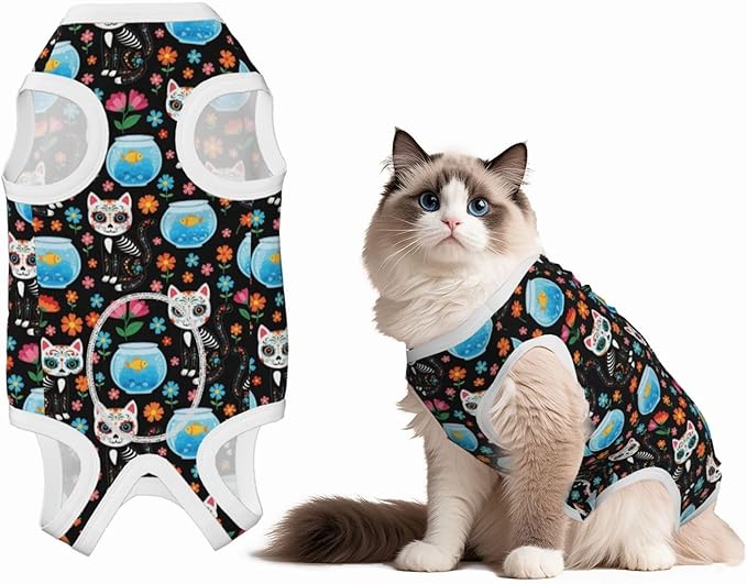 Cat Recovery Suit Full Bodysuit for Abdominal Wound Protector Sugar Skull Skeleton Cat and Fish Black Anti Licking After Surgery