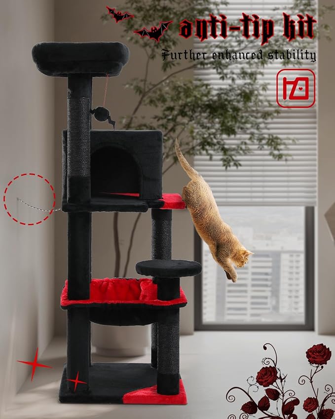 MUTTROS Gothic Cat Tree with Super Large Hammock, 45.7" Black Cat Tower with Coffin Bed, Cat Condo, Sisal Scratching Posts & Top Perch, Multi-Level Goth Cat Tree, Halloween, Black