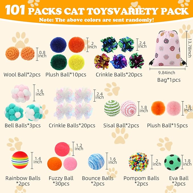Leitee Cat Toy Balls Bulk with 1 Cat Paw Gift Storage Bags Set - Variety Interactive Kitten Toys Bundle with Crinkle Ball, Balls, Bells for Cats Mom Kittens and Indoor Cats Chase Pounce Rattle Play
