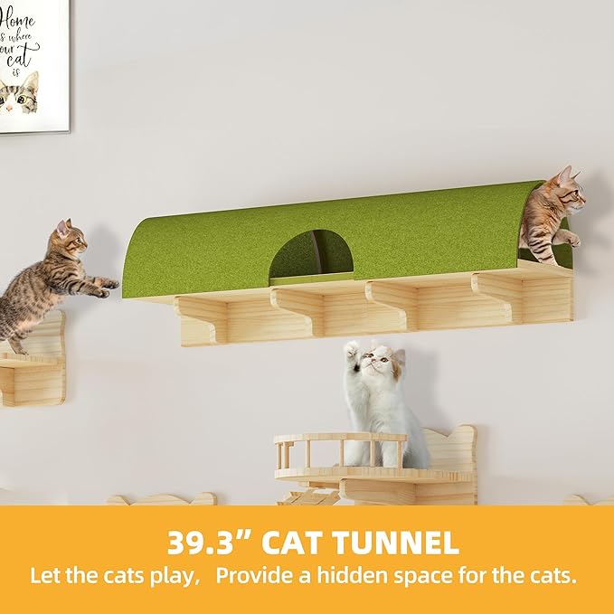 18-in-1 Cat Wall Shelves, Solid Wood Cat Furniture for Wall, Floating Cats Wall Shelves Set, Multi-Level Cat Climbing Wall Systems with Scratching Post & Tunnel, Floor Space-Saving, Burlywood