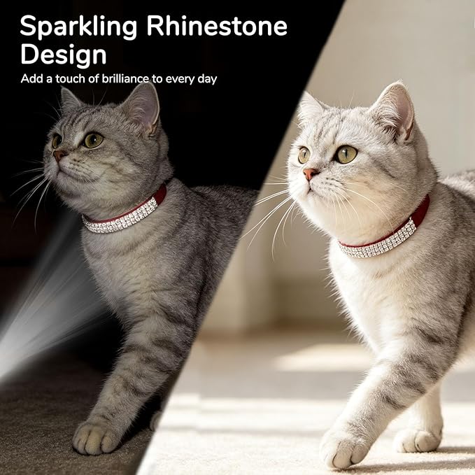 BINGPET Diamond Cat Collar with Bell, Adjustable Soft Velvet Bling Rhinestone Cat Collar, Sparkly Kitten Collar with Safety Elastic & Metal Buckle for Small Medium Cats
