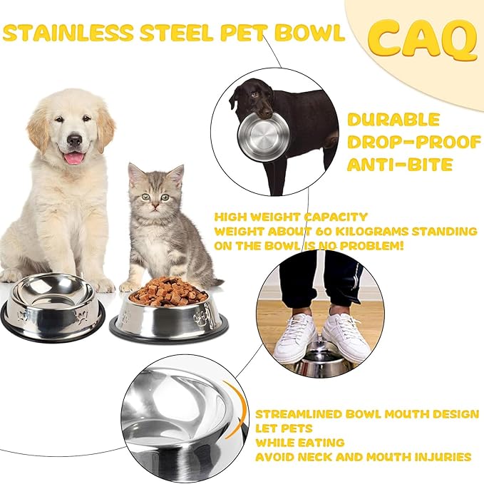 CAQ Dog Cat Bowls Stainless Steel Small Cat Dog Food Water Bowl for Indoor Stackable Pets Puppy Dish Non-Slip Removable Rubber Base Set of 2