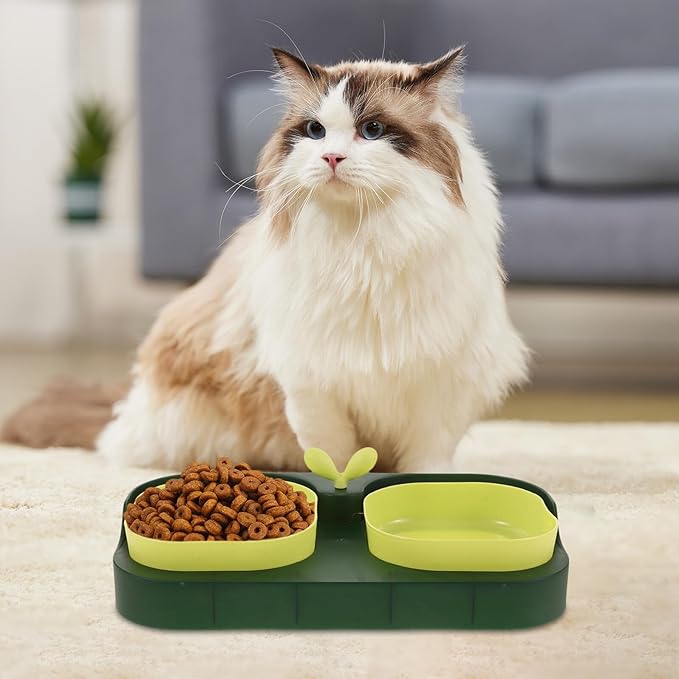 KOMBIUDA Cat Pet Bowl Double Feeding and Watering Bowl, Plastic Indoor Pet Food and Water Dish for Cats and Dogs, Sturdy Non-Slip Design, Moss Green, Suitable for Home Use
