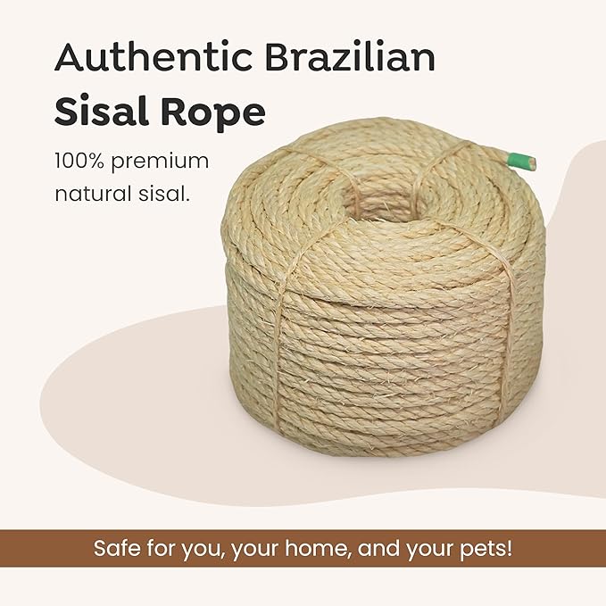 Premium Brazilian Sisal Rope, Natural Fiber 100% Sisal, Ultra Durable, Chemical-Free, Ideal for DIY, Cats, Scratching Post Replacement, Home Decor, Garden, Crafting (1/6” 600 ft / 4mm 180m)