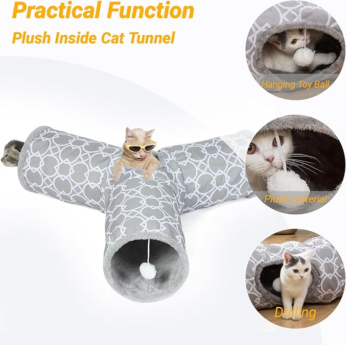 Geometric 3 Way Cat Tunnel with Plush Inside,Cats Toys Collapsible Tunnel Tube with Balls, for Rabbits, Kittens, Ferrets,Puppy and Dogs