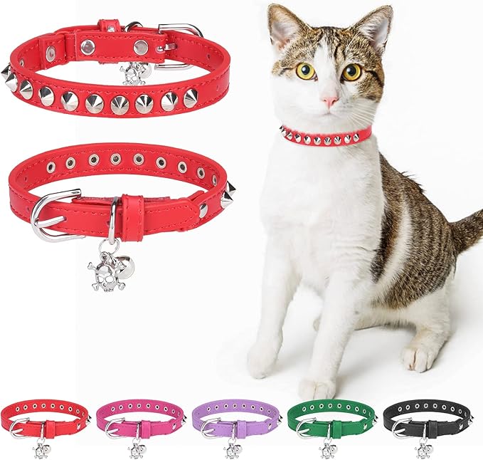 Leather Cat Collars for Boy Girl Cats with Bell and Safety Elastic Belt, Personalized Rivets Stud Adjustable Safe Buckle Collar with Skull Charm for Kitty Small Pets, Red 7"-9"
