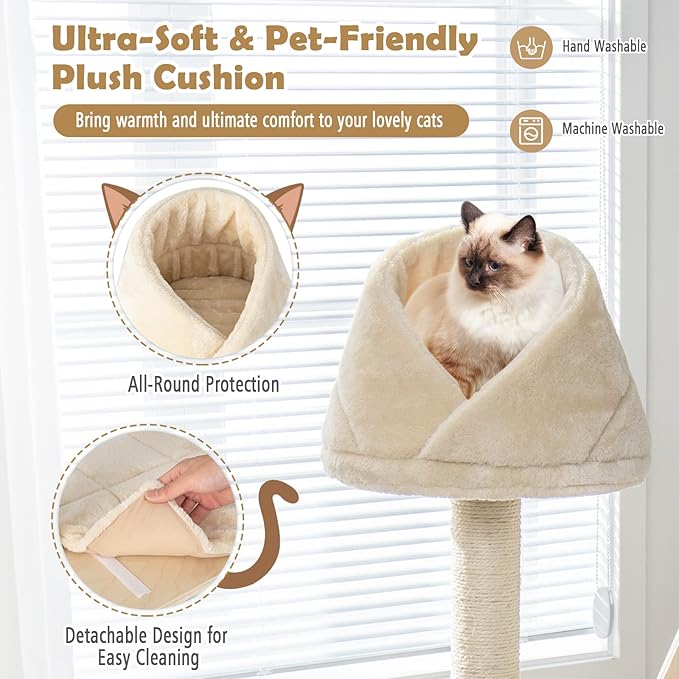Tangkula Modern Wood Cat Tree for Indoor Cats, 64 Inch Multi-Level Tall Cat Tree with Scratching Rotatable Ball & Posts, Sisal Ramp, Hanging Basket, Large Cat Tower with Plush Perch, Washable Mats