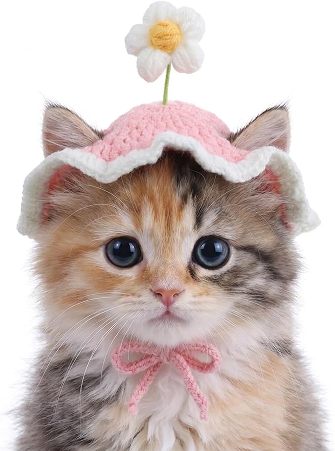 Cat Hat, Cute Flower Washable Knitted Hats for Cats Puppy Small Pets, Adjustable Cat Birthday Party Hat for Halloween Christmas Holiday Photo Outfit (Pink)