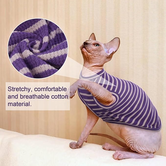 Sphynx Cat Clothes, Breathable Hairless Cat Shirts, Stripe Kitten T-Shirts Sleeveless, Pullover Cat Sweaters, Pet Summer Apparel for Sphynx, Cornish Rex, Devon Rex, Peterbald, Small Dogs