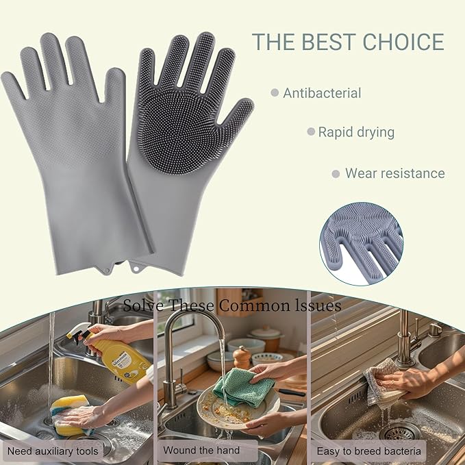 Dog Washing Gloves with Bristle Scrubbers,Pet Grooming Gloves,Massage Mitt with Enhanced Five Finger Design,Silicone Gloves for Dogs and Cats Bathing, Massage(Grey)