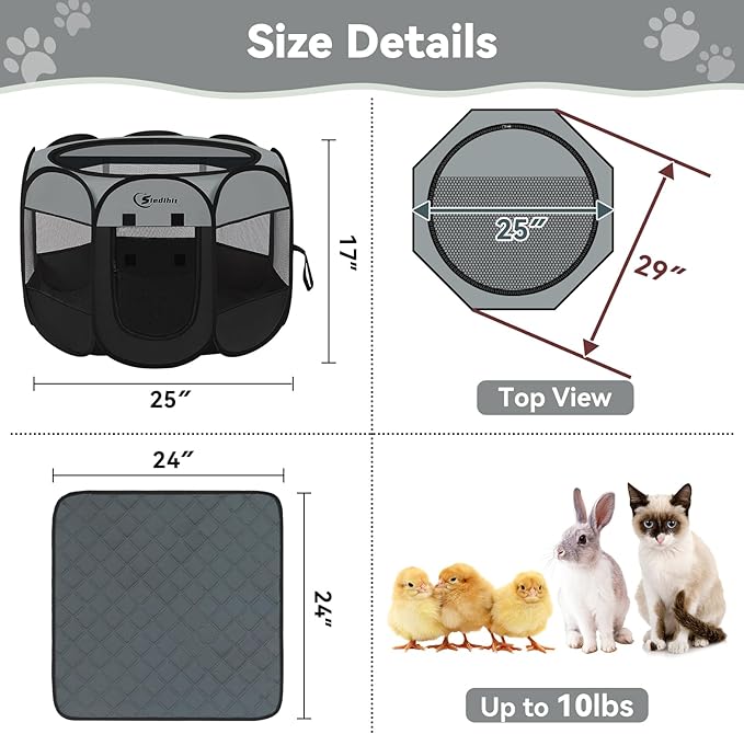 Siedihit Dog Cat Playpen with Washable Pee Pad, Puppy Pet Playpen Indoor for Small Dog Crate Tent Cage Outdoor, Portable Pop Up Dogs Enclosure Kennel with Carrying Case,Dark Grey
