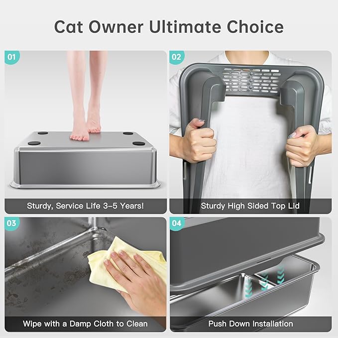 WoofiGo Enclosed Stainless Steel Cat Litter Box with Lid, XL Extra Large Litter Box for Big Cats, Metal Litter Pan High Sided, Never Absorbs Odors, Anti-Urine Leakage, Easy Cleaning, Include Scoop