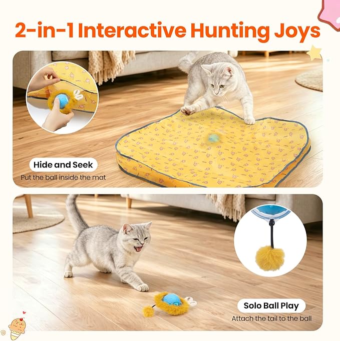 HGB Interactive Cat Toy for Indoor Cats, Automatic Moving Ball with Hunting Play Mat, Motion Activated Hide & Seek Cat Toy with Chirping Sound, Rechargeable Kitten Toys for Bored Indoor Cats