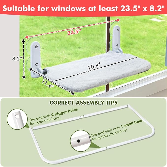 Zoratoo Cordless & Foldable Cat Window Perch with Metal Frame and Reversible Washable Cover Pet Hammock Bed, 4 Large Suction Cups Window Resting Seat for Indoor Cats Kittens (Grey - M)
