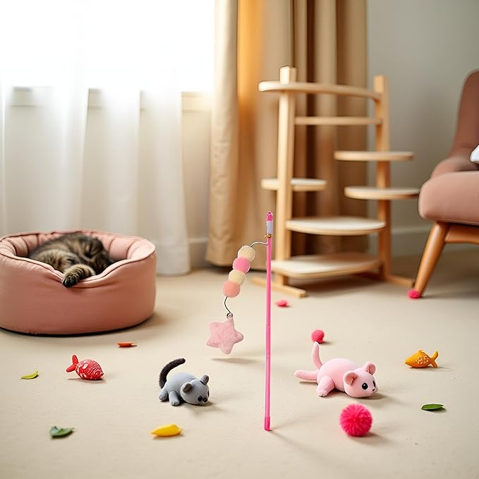 BWESOO Pink Cat Stick Toy Elastic Rope Plush Ball Star Pendant Bite-Resistant Comfortable Grip Relieve Boredom Handmade Kitten Teaser Wand Cat Mice and Animals Toys