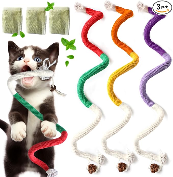 Cat Toys for Indoor Cats, Kitten Toys for Indoor Kittens, Catnip Rope Chew Toys for Teeth Cleaning, Interactive Cat String Toy, Kitty Kicker Toy, 3 Pack (Plus 3 Pouches of Catnip)