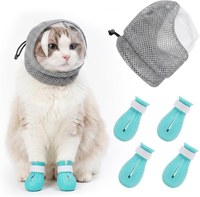 Adjustable cat Muzzle for Grooming and bite Prevention; Breathable TPU pet Muzzle; Comes with 4 Pairs of Silicone Anti-Scratch Gloves; Ideal for Nail Trimming, Bathing, and Veterinary use