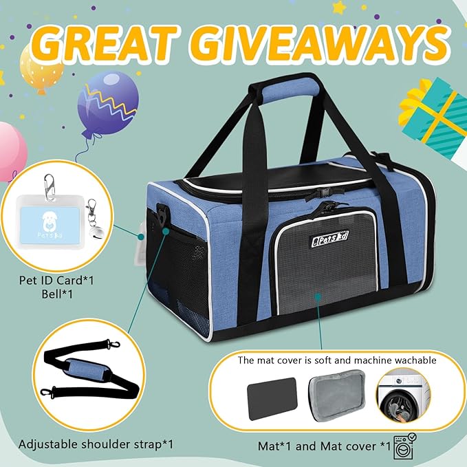 Petskd Pet Carrier 18x13x9.5 Southwest Airline Approved, Pet Travel Carrier Bag for Small Cats and Dogs, Soft Dog Carrier for 1-15 LBS Pets,Dog Cat Carrier with Safety Lock Zipper (Blue)