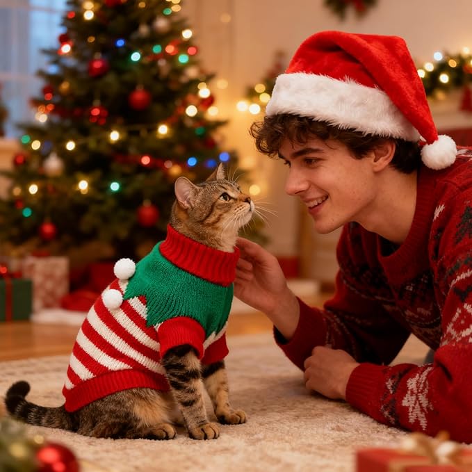 BWOGUE 2 Packs Cat Christmas Sweater Dog Sweaters Pet Cat Winter Knitwear Warm Clothes Christmas Tree with Ball Pet Sweaters for Kittys and Small Dogs