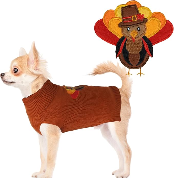 DELIFUR Thanksgiving Dog Turkey Sweater - Cat Turtleneck Knitted Sweater with Leash Hole Thanksgiving Outfit for Cat Puppy Fall Color (Brown2#, Small)