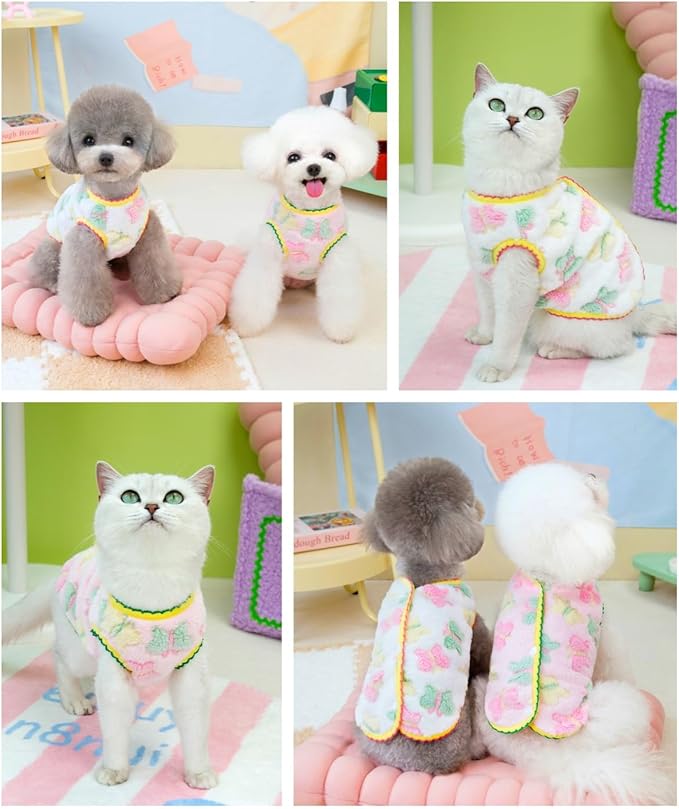 Cute Jacquard Butterflies Pet Fleece Vest for Small Dog Puppy Sleeveless Sweater Back Button Down Yorkie Chihuahua Fall Winter Clothes Cat Clothing,White,S