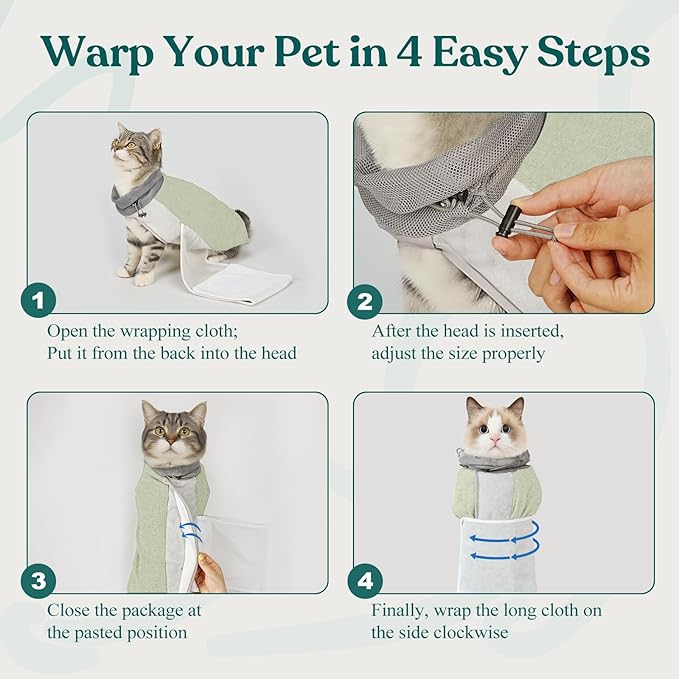 Supet Cat Grooming Wrap for Cutting Nails, Self-Adhesive Anti-Scratch Swaddle with Bite-Proof Mesh Hood & Thick Waist Strap Anti-Escape Bag for Nail Trimming, Medication, Ear Cleaning (Green M)