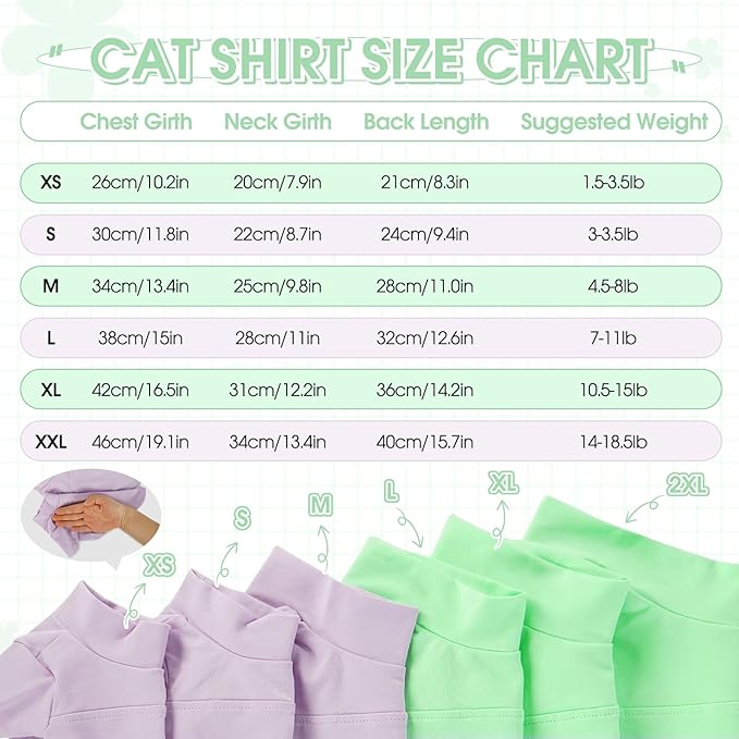 Sphynx Hairless Cat Clothes, Soft Cotton Pullover Turtleneck Shirt with Sleeves for Kitten Puppy Small Dogs, Cat Pajamas for All-Season - Green L