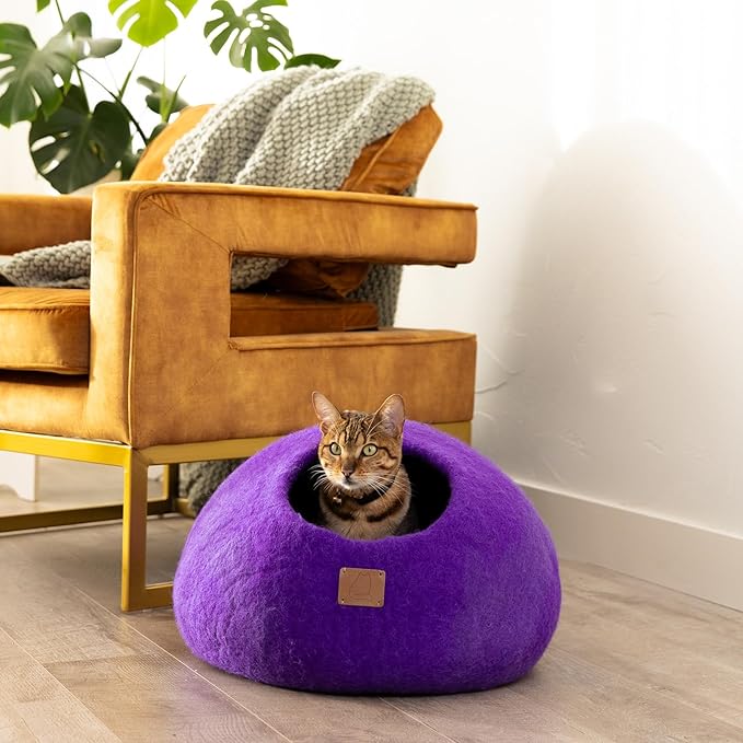 Best Aesthetic Cat Bed - Premium Felted Wool Cat Cave Bed - Cozy Peekaboo Round Cave for Large or Small Cats (Small, Plum Purple)