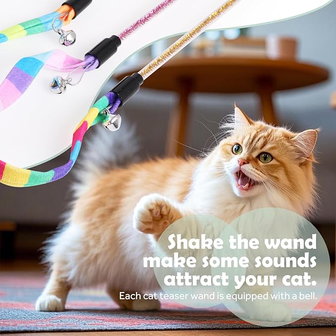Hianjoo Cat Wand Toy 3 Pack, Interactive Cat Toys Rainbow Teaser Wand String Plush Toy for Indoor Cats, Colorful Funny Sticks with Bell for Kitten Cats Catcher Having Fun Exercise Playing
