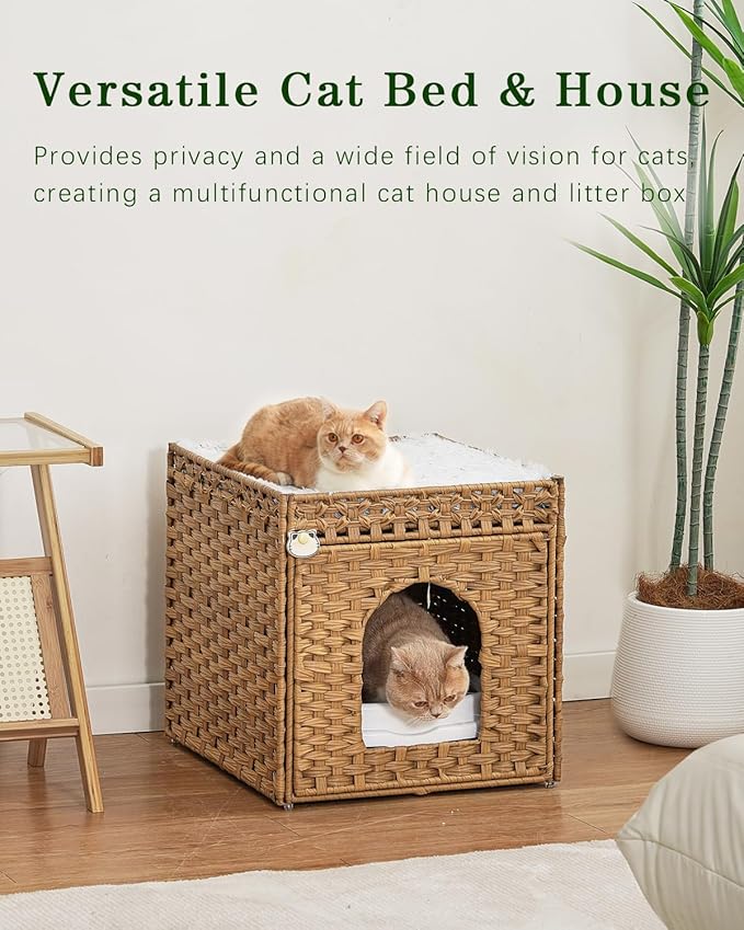 SETVSON Cat Beds for Indoor Cats Extra Large Double Cat Cave Pet Cube, Handwoven Rattan Cat Houses with Double-Sided Soft Cushions, 18.5 x 20.5 x 19.1 Inches Foldable Hideaway in Living Room Natural
