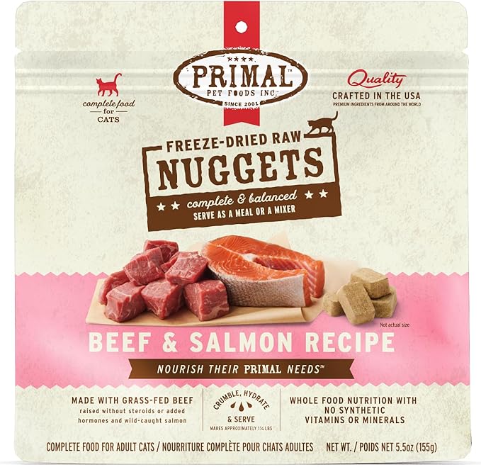 Primal Freeze Dried Raw Cat Food Nuggets Beef & Salmon, Complete & Balanced Meal or Topper, Premium, Healthy, Grain Free, High Protein Raw Cat Food with Probiotics (5.5 oz)